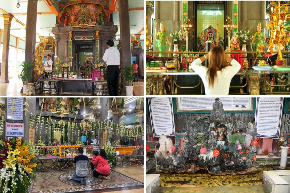 Worshippers lighting incense and offering flowers at the altar of the goddess